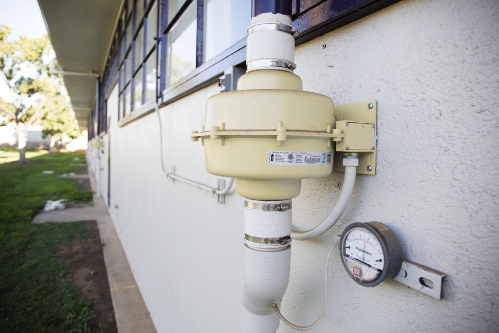 New piping installed at Magnolia Elementary School in El Cajon routes trichloroethylene away from classrooms and past the roof. Oct.18, 2016. Meg Wood/inewsource