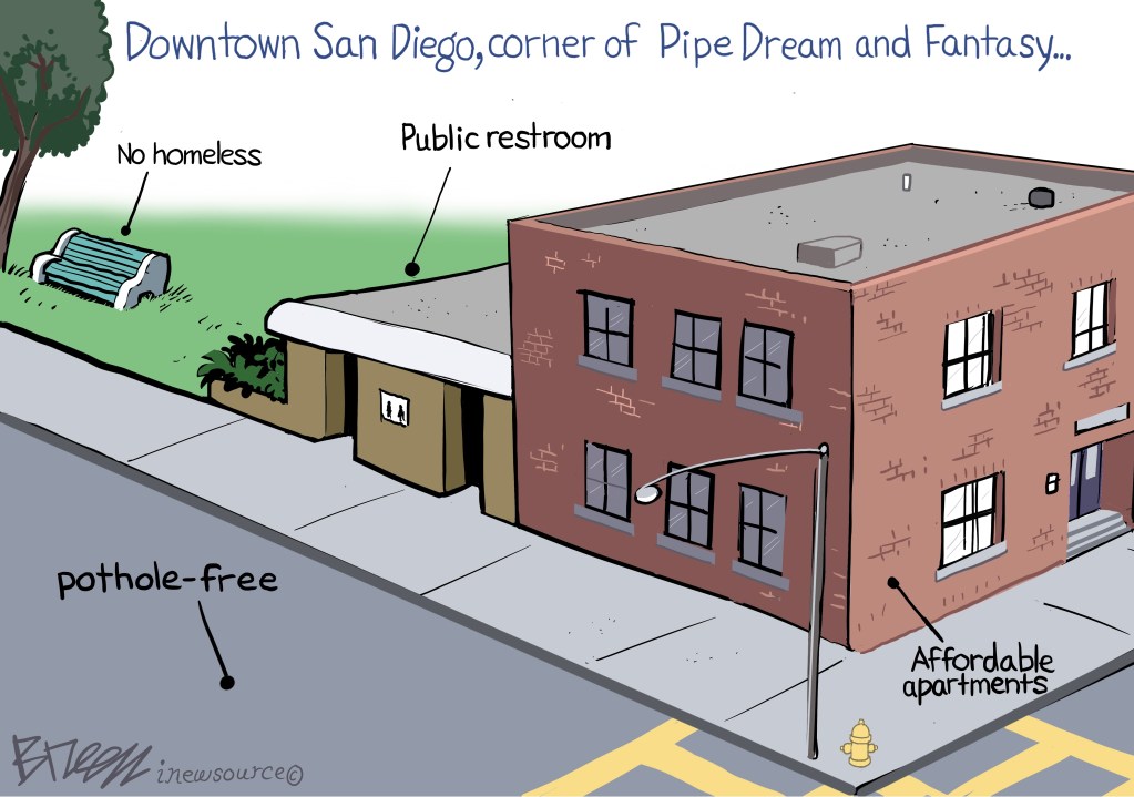 Drawing of a street corner with a building, public bathrooms, green space and a bench. Text says downtown san diego, corner of pipe dream and fantasy... arrows and text point out a pothole-free street, a public restroom, no homeless people on a bench, affordable apartments.