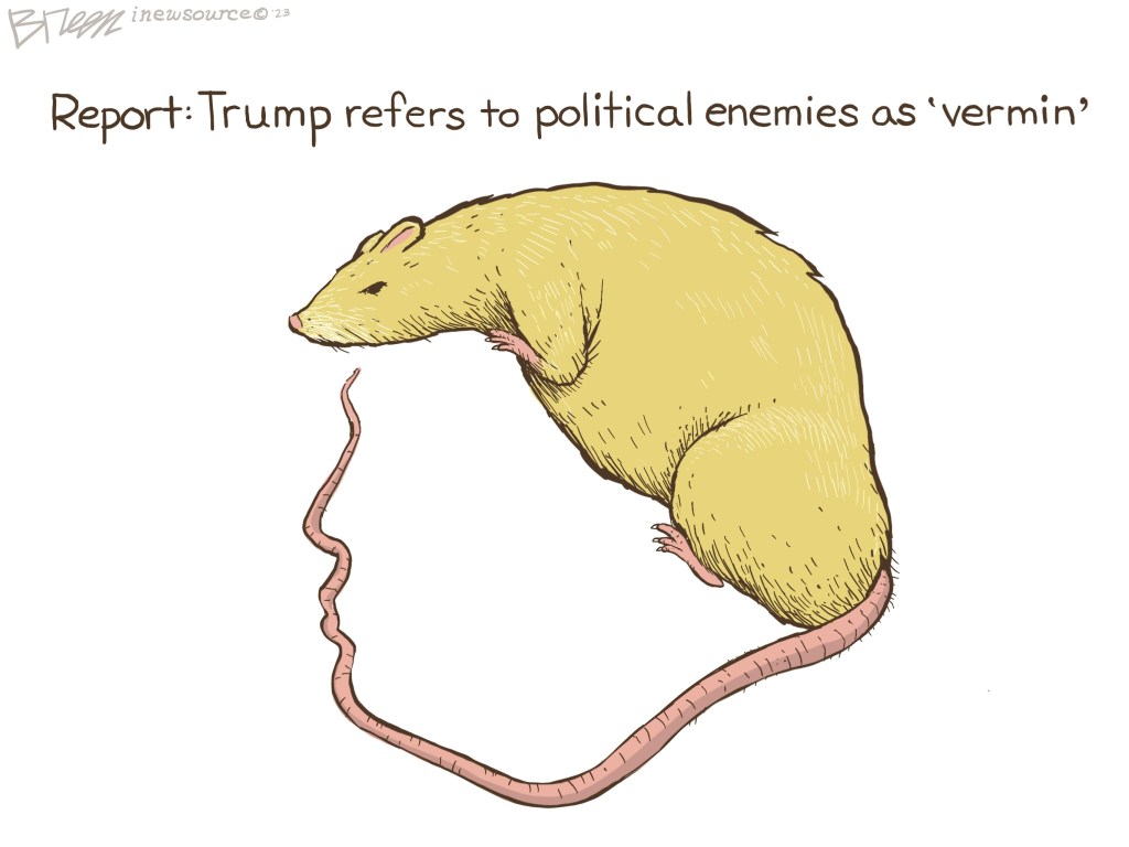 A drawing of a rat, comparing it to Donald Trump's use of the word "vermin"