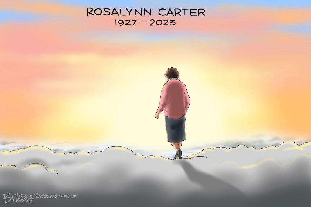 Drawing of Rosalynn Carter facing away, walking on clouds. Rosalynn Carter 1927-2023