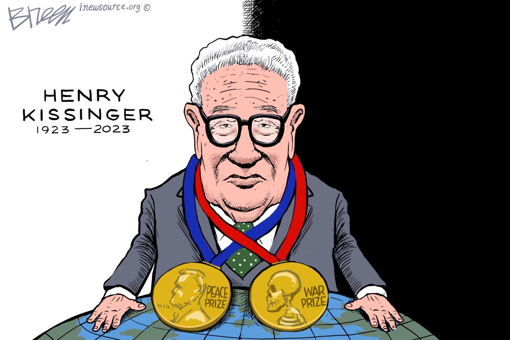 illustration of henry kissinger, 1923-2023, wearing medals for peace prize and war prize