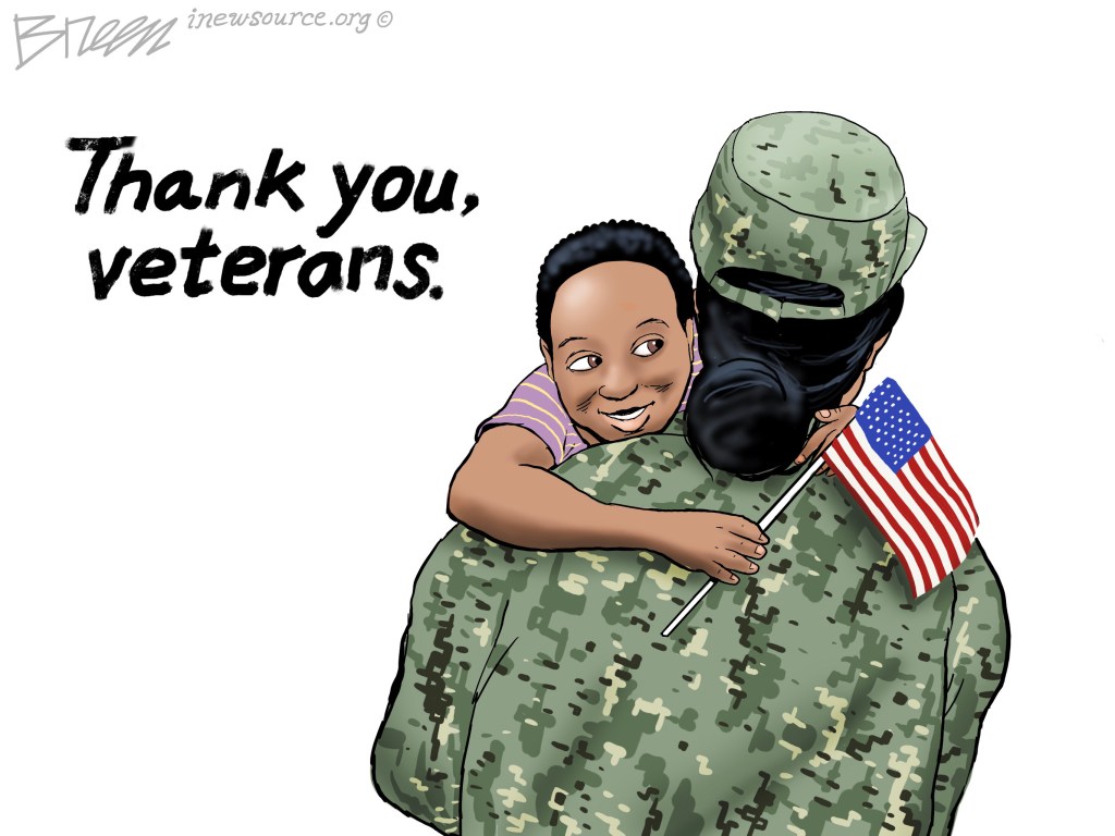 Thank you, veterans. A drawing of a kid holding an American flag, hugging a person in a military uniform.